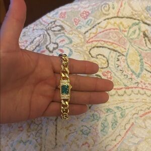 Gold Chain Bracelet with Green Stone Accent
